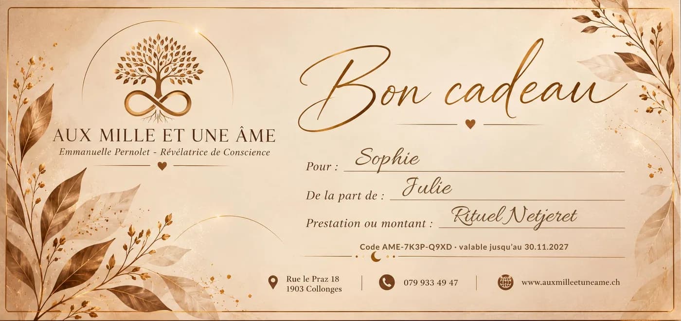 Exemple de bon cadeau Aux Mille et une Âme, rempli au prénom de la personne
