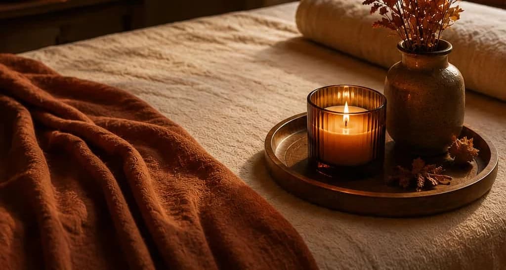Table de massage aux lumières douces devant une fenêtre ouverte sur des feuillages d'automne