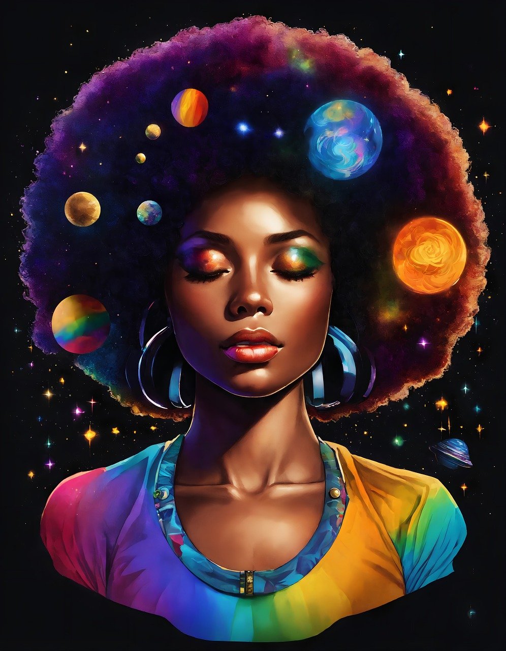 woman, stars, planets